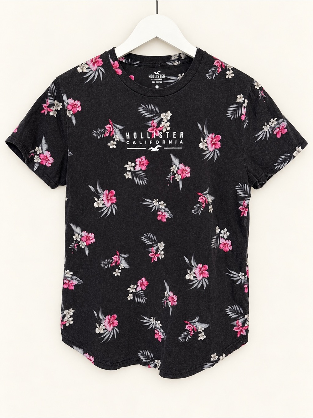 Hollister Black Floral Embroidered Logo T-Shirt Pink Tropical Print Size M
